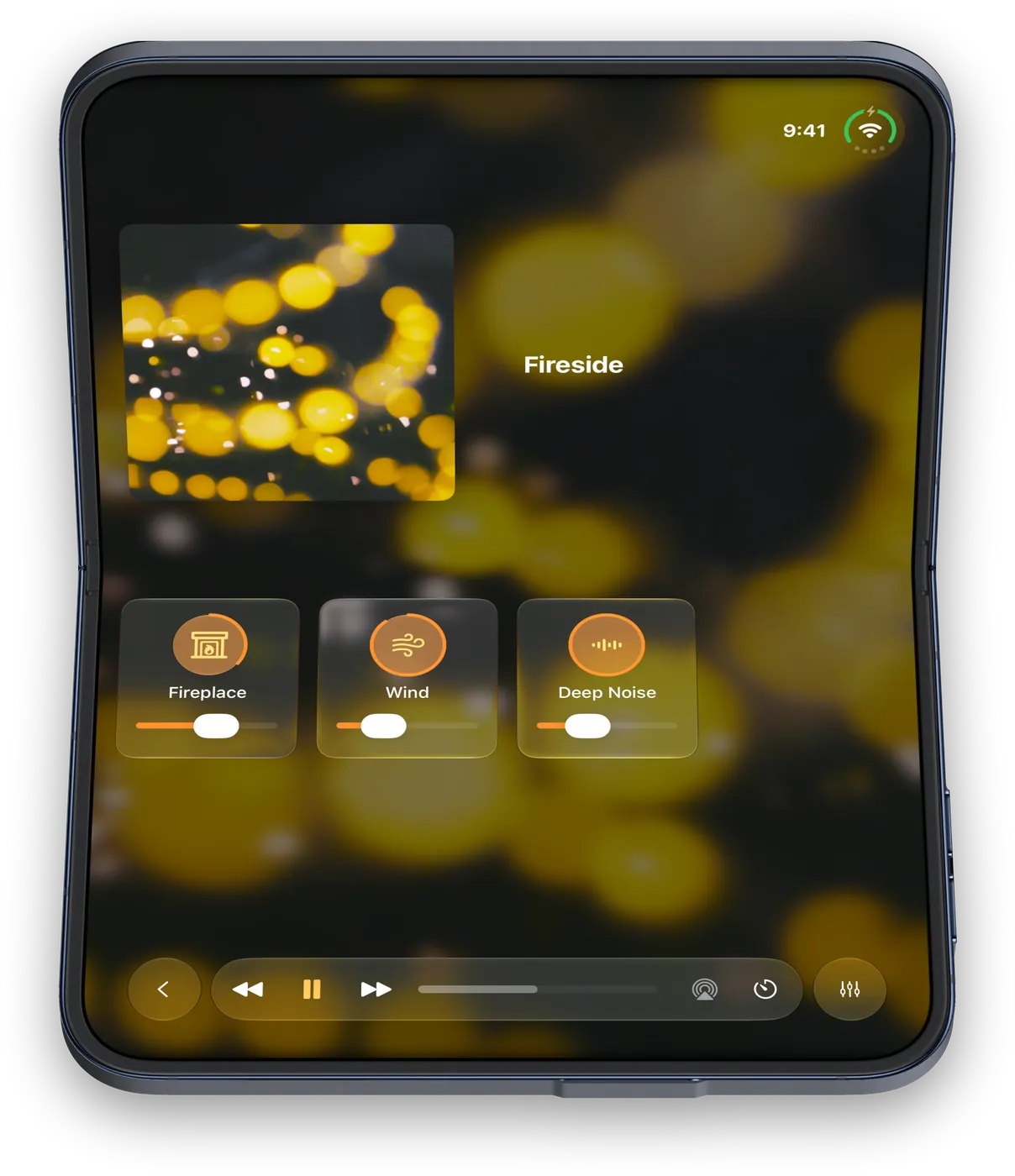 Blankie on iPhone Duo in the seated pose with artwork on the upright half and sound controls on the flat half